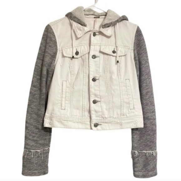 Free People Distressed White Denim Button Up Hooded Jacket Gray thermal Contrast - Picture 4 of 16